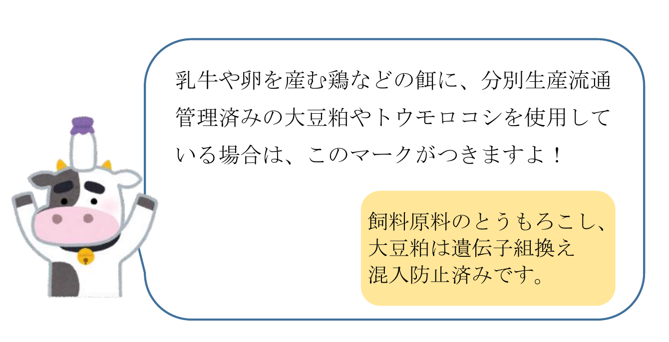 飼料原料のとうもろこし、大豆粕は遺伝子組換え混入防止済みです。